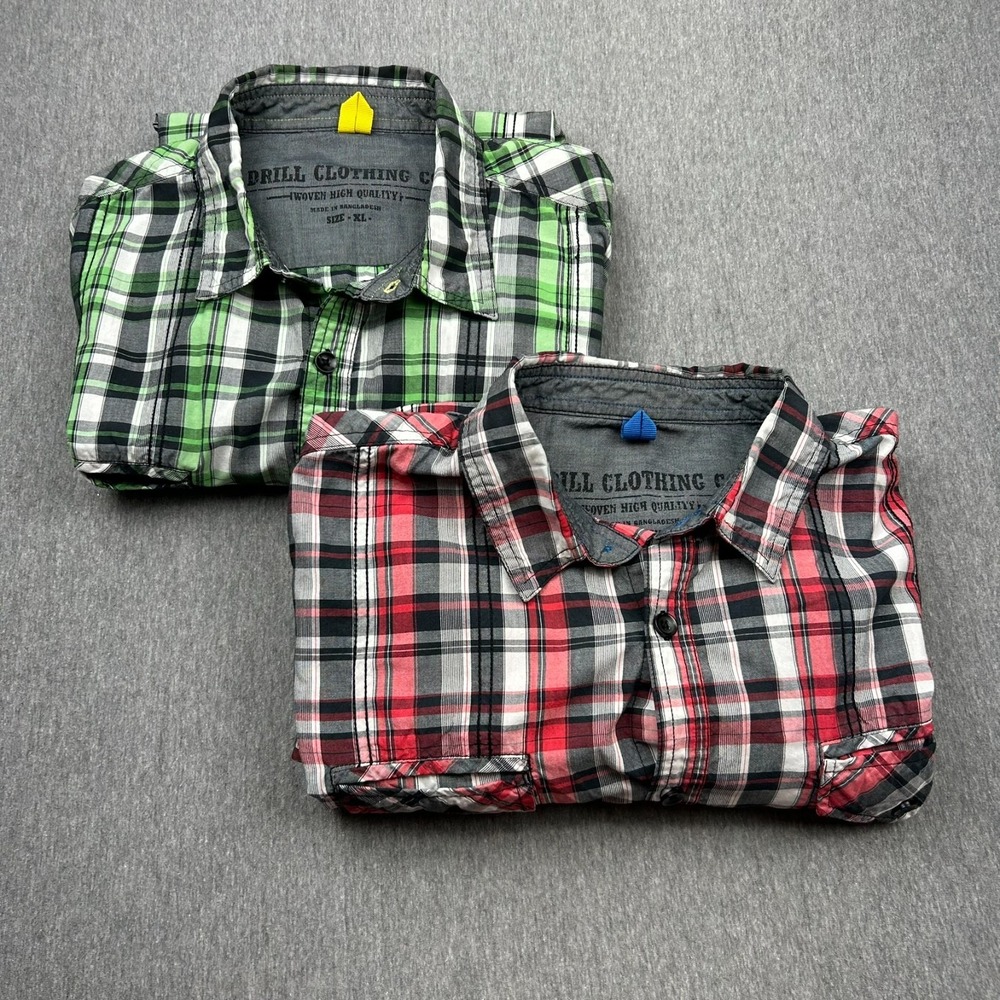 Lot of 2 Drill‎ Clothing Co Button Up Long Sleeve Shirts Mens XL Red Green Plaid